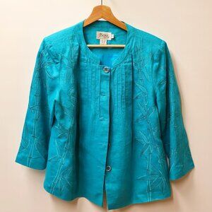 J Song 100% Linen Jacket Embroidery 3/4 Sleeves Button Up No Collar Size 10